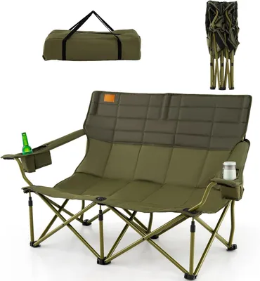 Immagine prodotto di KOMFOTTEU Sedia da campeggio pieghevole con braccioli regolabili, sedia da esterno portatile con borsa da trasporto e portabevande, poltrona per 2/3 persone, sedia da pesca, da giardino (Modello II - verde)