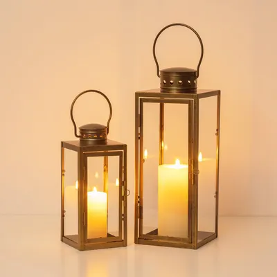 2er-Set Windlichter gold, Metall/Glas, H 24/35 cm, für Balkon & Tisch