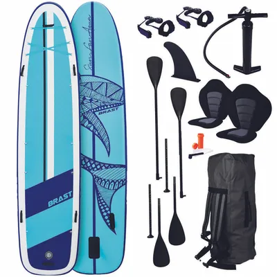 Produktbild von BRAST SUP Board Family | Aufblasbares Stand up Paddle Set XXL | 370x87x15cm bis 250kg | 7 Designs | inkl. Zubehör 2X Kajak-Sitz 2X Fußschlaufe 2X Paddel Pumpe Rucksack | Shark