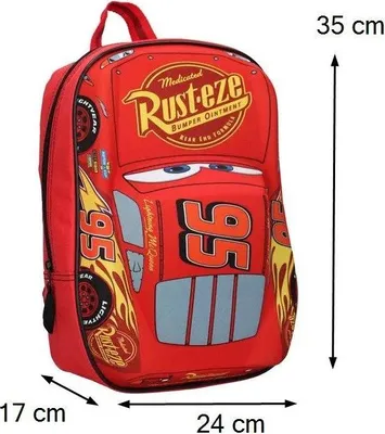 A red backpack with a Lightning McQueen design from the movie Cars.