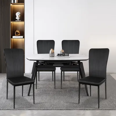 Image de lot de 4 chaises de salle à manger Chaise rembourrée Chaise de cuisine recouverte de velours Structure métallique noire