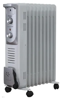 A white oil-filled radiator with wheels.
