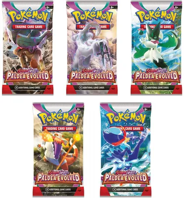 A collage of five different Pokemon Paldea Evolved booster packs.