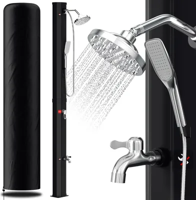 Zdjęcie produktu dla Prysznic solarny Hengda 35 l – prysznic ogrodowy z ręczną słuchawką, wbudowaną słuchawką podnóżkową i okrągłą głowicą prysznicową, w zestawie z materiałami montażowymi i osłoną, kolor czarny