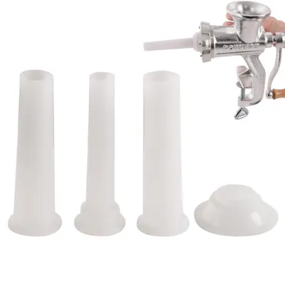 A meat grinder attachment set with three funnels and a base, along with a manual meat grinder.