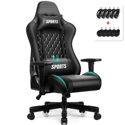 A black gaming chair with white accents and text, shown on a white background. A set of replacement casters is shown in the upper right corner.