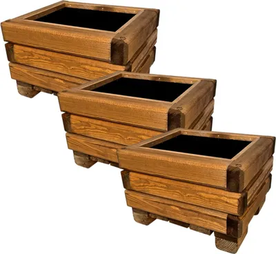 Obrázek produktu pro HolzGarden Sada 3 Dřevěných Květináčů 30x20x25 cm Obdélníkové Impregnované Barva Teak Venkovní Truhlík na Květiny Odolný Proti Povětrnostním Vlivům