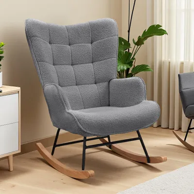 Produktbild von Fortuna Lai Schaukelstuhl Relaxsessel aus Teddy-Samt mit Karierter Rückenlehne, Schwingsessel Akzentstuhl für Schlafzimmer und Wohnzimmer, Dunkelgrau