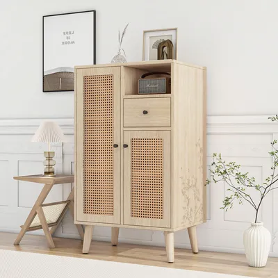 Produktbild von Kommode Sideboard Eiche-Optik 101x60x40 cm mit 2 Rattantüren & 1 Schublade | Anrichte Beistellschrank Wohnzimmerschrank Flurschrank Natur Holzoptik