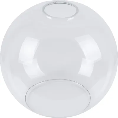 A clear, studio shot of a transparent glass sphere with openings at the top and bottom.