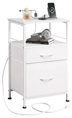 Zdjęcie produktu dla Biały stolik nocny z gniazdkiem, 2 szufladami materiałowymi i półką, solidna metalowa konstrukcja, idealny do salonu i sypialni, wymiary 40x30x60 cm