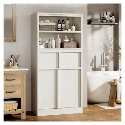 Produktbild von Badezimmerschrank mit 2 Türen, 2 Schubladen und 2 offenen Ablagen, Hochschrank für Bad, Küche, Wohnzimmer, 60x30x130 cm