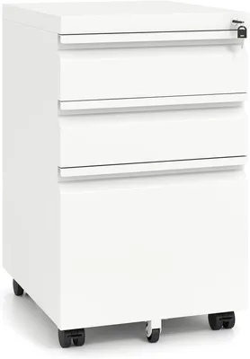 Produktbild von COSTWAY Rollcontainer, Aktenschrank mit 3 Schubladen, Stiftablage & Hängeregistratur für Dokumente, Bürocontainer, Metallschrank mit 5 Rollen, Weiß