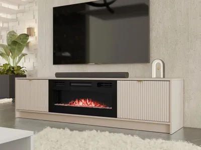 A modern TV stand with a built-in electric fireplace, featuring a large television mounted above it.