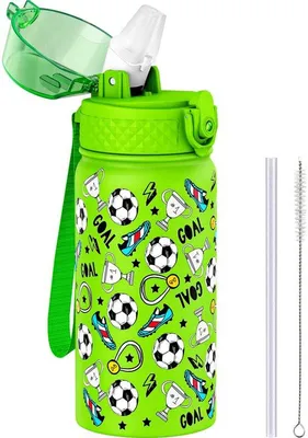 Productafbeelding van Ibenzoa® 550 ml kinderthermosfles van roestvrij staal, dubbelwandig met rietje en klapdeksel, BPA-vrij – 12 uur koud / 8 uur warm