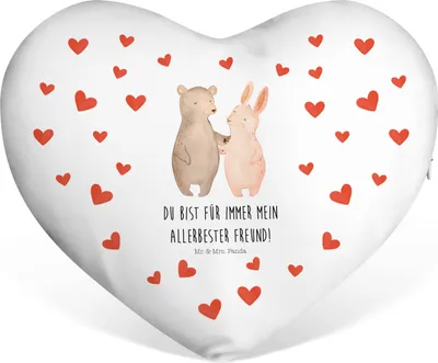 Produktbild von Mr. & Mrs. Panda Dekokissen Herz Bär und Hase Umarmen - Weiß - Geschenk, Kissen, Freundin, Kuschelkissen, BFF, Sofakissen, Freundinnen, Schmusekissen, Herzkissen