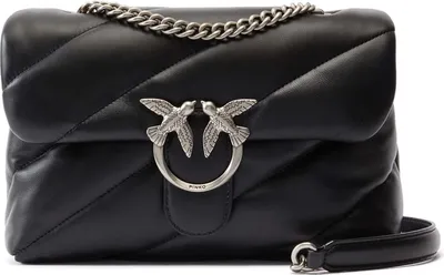 A black leather handbag with a silver chain strap and a silver bird-shaped clasp.