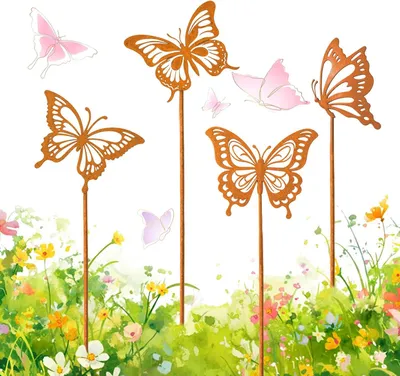 Imagen del producto de Juego de 4 estacas de jardín con forma de mariposa, resistentes a la intemperie, con efecto oxidado, ideales para jardín, terraza o balcón
