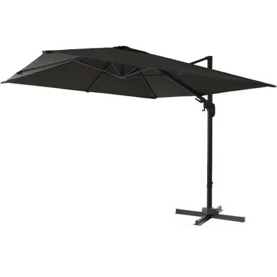 A black cantilever umbrella shown from a side-diagonal angle against a white background.