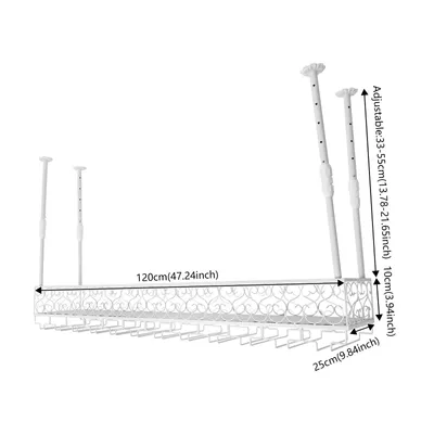 A white metal wine rack with glass holders suspended from the ceiling by adjustable poles.