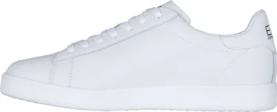 A side view of a white sneaker.