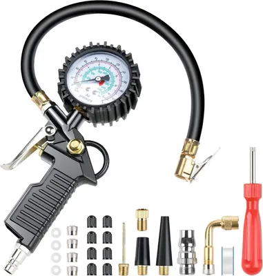 Produktbild von Famanu Bandenpumpe und Reifenluftdruckmesser Set bis 220 PSI - Komplett mit 24 Zubehörteilen