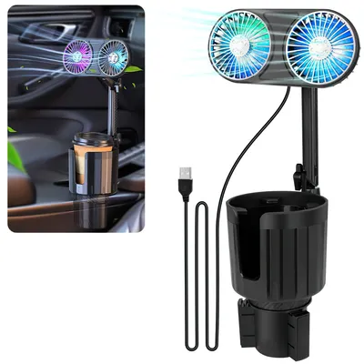 Produktbild von KFZ Ventilator，KFZ Getränkehalter mit integriertem Lüfter und LED-Stimmungslampe,KFZ Lüfter, für Autos, SUVs, Wohnmobile, LKWs (Doppelkopf)