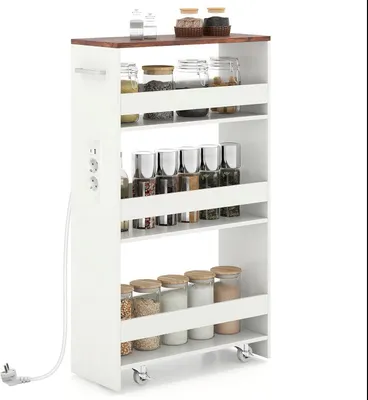 Produktbild von KOMFOTTEU Nischenwagen mit Ladestation, Kleiner Küchenwagen mit Rollen, Organisationswagen Rollregal platzsparend mit Griff (Weiß + Industrial, 47,5 x 20 x 80,5 cm)