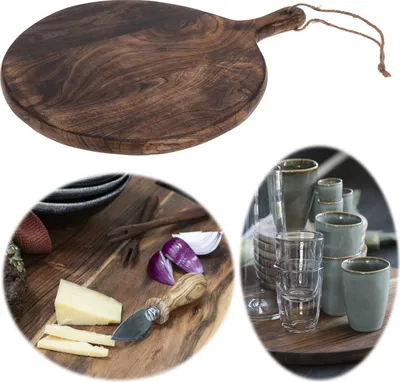 A collage of a wooden cutting board with cheese and onions, and a set of glasses and cups.