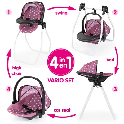 Produktbild von Bayer Design 63876AA Puppenzubehör 4 in 1 Set Puppenhochstuhl, -trage, -bett, Schaukel - für vielfältige Rollenspiele, 3+ Jahre