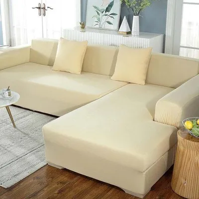 Productafbeelding van Bankhoes 140x230 cm - Elastische hoes voor L-vormige banken, beige, met 2 kussenhoezen