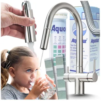 Produktbild von Ari Slender 3-Wege Küchenarmatur Inox Mit Ausziehbrause, Filterwasser-Auslauf, 360° Drehbar, Messing, 2 Hebel, Keramikkartusche