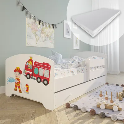 Obrázok produktu pre Detská posteľ 80x160 cm s matracom a zásuvkou, ochranou proti vypadnutiu a lamelovým roštom v bielej farbe s hasičským motívom Kompletná posteľ Posteľ pre mladých Jednolôžková posteľ Drevo