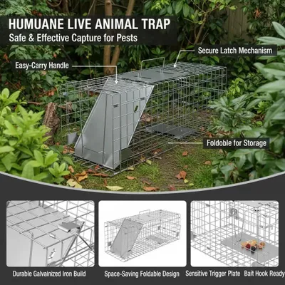 Immagine prodotto di Trappola per gatti – Gabbia pieghevole – 61 x 20,3 x 20,3 cm – Adatta per gatti e piccoli animali – Realizzata in filo di ferro zincato – Con maniglia per il trasporto – Colore verde militare