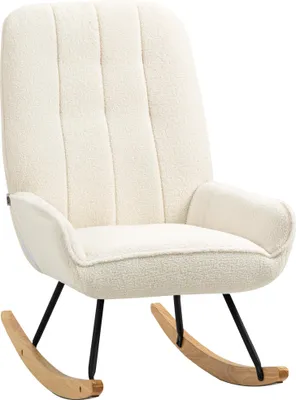 A cream-colored rocking chair with a sherpa-like texture and black metal legs with wooden rockers.