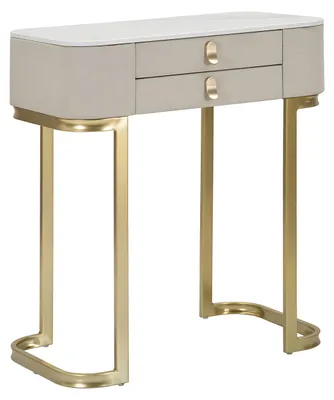 Produktbild von Beauty Glam Konsolentisch, 70 x 40 x 80 cm, mit 2 Schubladen – Weißer Stoff und Marmoroptik – Goldene Metalldetails – Moderner Stil