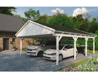 Produktbild von Doppelcarport SKAN Holz Fichtelberg inkl. Dachschindeln schwarz 618 x 808 cm weiß