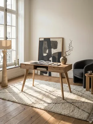 Eleganter skandinavischer Schreibtisch aus Eiche in einem lichtdurchfluteten Home Office mit Holzboden und bequemen Sessel._#sku_SAFWL6.874#