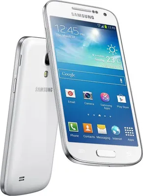 A white Samsung Galaxy S4 Mini smartphone is shown from the front and back, with its screen displaying the home screen.