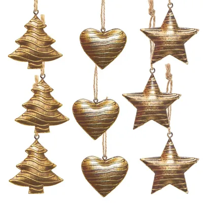 Produktbild von 3 x 3 Weihnachtsanhänger aus Metall gold braun Baum + Herz + Stern 5 cm