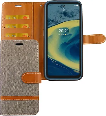 A flip case for a Nokia XR20 phone, showing the inside with card slots and the phone inserted.
