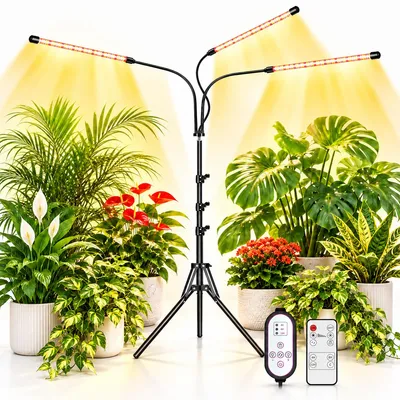 Immagine prodotto di Lampada a LED a spettro completo per piante, lampada di crescita, luce per piante con 3 modalità, 10 livelli di luminosità, regolabile in altezza con supporto e timer. Lampada di crescita con 3 lampade