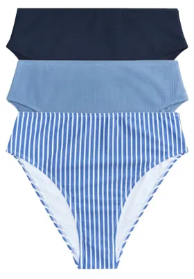Immagine prodotto di 3 Paia di slip da bikini a vita alta per donna, con taglio alto sulle gambe - Blu/Navy - Taglia M - Perfetti per la spiaggia