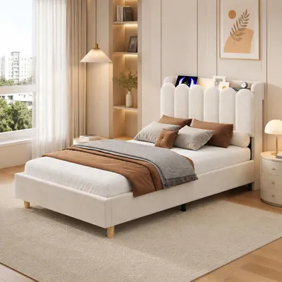 Productafbeelding van Bed met gestoffeerd hoofdeinde, 90x200 cm, kinderbed/enkelbed met lattenbodem, USB- en Type-C poorten, leeslamp, opbergruimte in het hoofdeinde, beige fluweel, AI-gegenereerde afbeelding