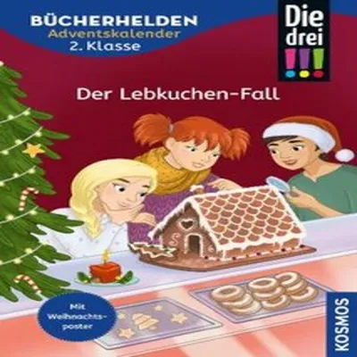 Three children are looking at a gingerbread house, with a Christmas tree and cookies in the foreground.