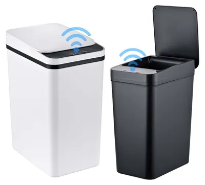 Produktbild von Relaxdays Mülleimer Sensor 2er Set, 9L & 15L, elektrischer Deckel, Müllbeutelhalter, PP, Abfalleimer Küche, schwarz/weiß