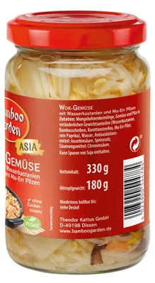 Produktbild von Bamboo Garden Gemüsemischung mit Wasserkastanien und Mu-Err Pilzen für Wok-Gerichte 330g
