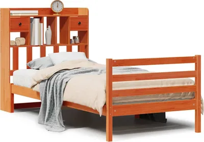 Produktbild von vidaXL Massivholzbett mit Regal ohne Matratze Wachsbraun 75x190 cm