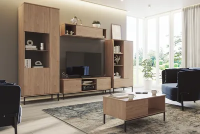 Produktbild von Wohnzimmer-Set Dallas II mit zwei Vitrinen, TV-Schrank, Couchtisch, Wohnzimmermöbel im modernen Stil (Farbe: Hikora)