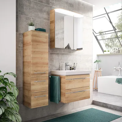 Produktbild von Badezimmer Set, Waschtisch mit Spiegelschrank und Midischrank, LED Beleuchtung, Riviera Eiche quer Nb. BUDVA-66, B/H/T ca. 113/200/44 cm